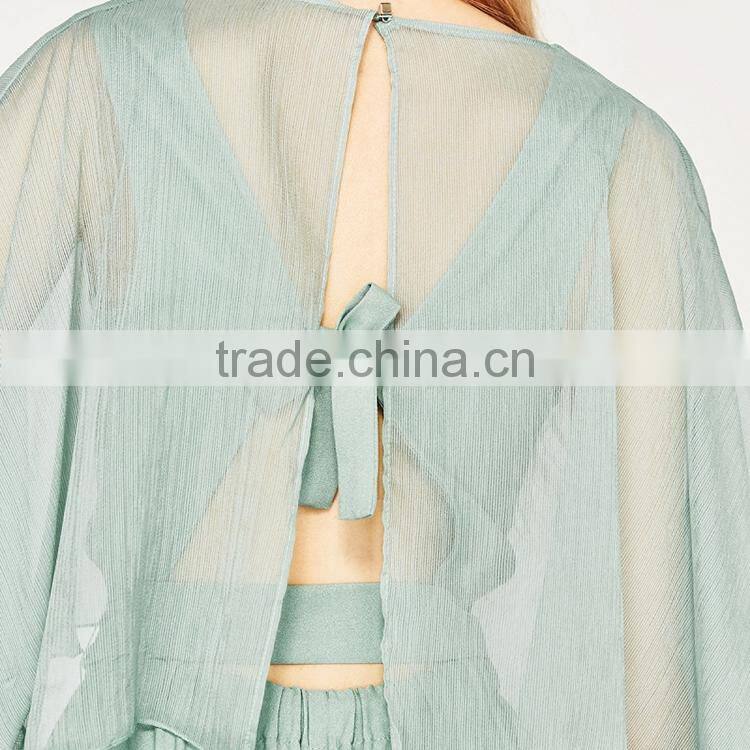 HAODUOYI Light Green Patchwork Women Jumpsuit V-neck Half Sleeve Sashes Elegant Culottes Perspective Lady Jumpsuit for Wholesale