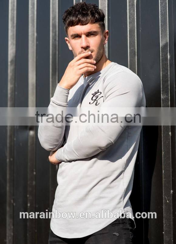Streetwear Mens Slim Fit Long Sleeve T Shirt Top OEM Longline Curved Hem T Shirt Light weight 93% Cotton 7% Elastane Gym T Shirt