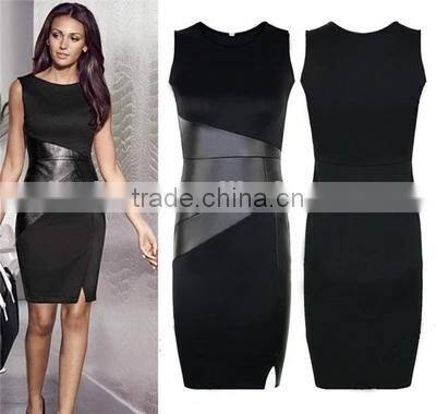 2017 women sexy round-collar panelled stitching leather high-waisted casual dress party dresses