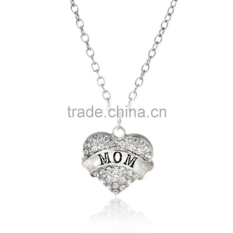 New Fashion Silver Tone " Mom " Carved Heart Pendant Clear Rhinestone Link Cable Chain Necklace