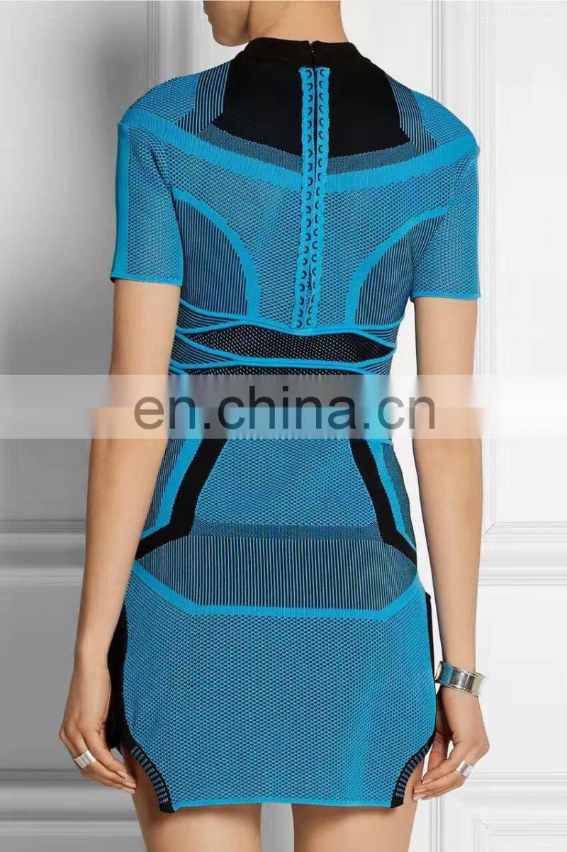 Amigo 2017 latst blue short sleeve jacquard weave sexy bandage dress evening dresses for girls party wear