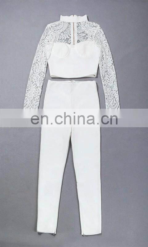 Fashion Women Clothing Sexy Two Piece Jumpsuit Ladies Lace Crop Top With Pants