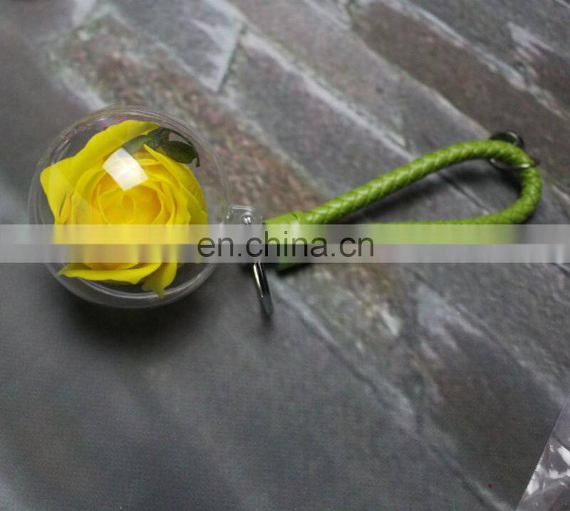 New Design Rose Flower Leather Rope Bag Charm Ball Keychain