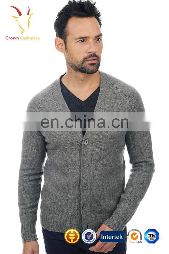 V Neck Men Cardigan Sweater Cashmere Knitted Cardigan With Elbow Patch