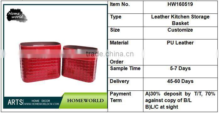 Red Color Lattice Stitching Crocodile Magazine Leather Kitchen Storage Basket