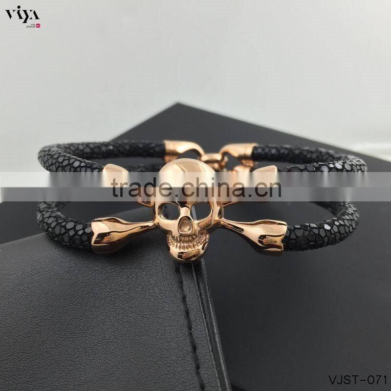 2016 Fashion Skull Men Bracelet, Genuine Stingray Leather Cord Bracelet, Stainless Steel Clasp Bracelet with High Quality End