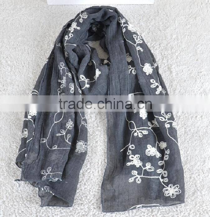 Winter Spring Fashion Long Cotton Flower Machine Embroidery Scarf