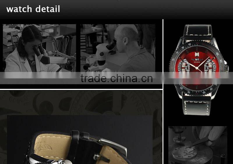 New Mens Red Dial Leather Strap Classic Design Self-Wind Up Mechanical Automatic Watch WM122