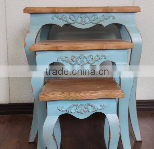 French Country Style Light Blue Hand Carved Wooden Nesting Coffee Table