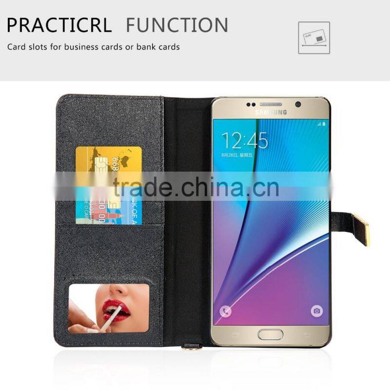 2016 new fashion hand-crafted stand wallet pu case with cosmetic mirror stand wallet case for samsung galaxy note 7