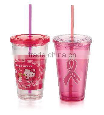 BPA free Plastic Cartoon Bottle with lid and straw for children