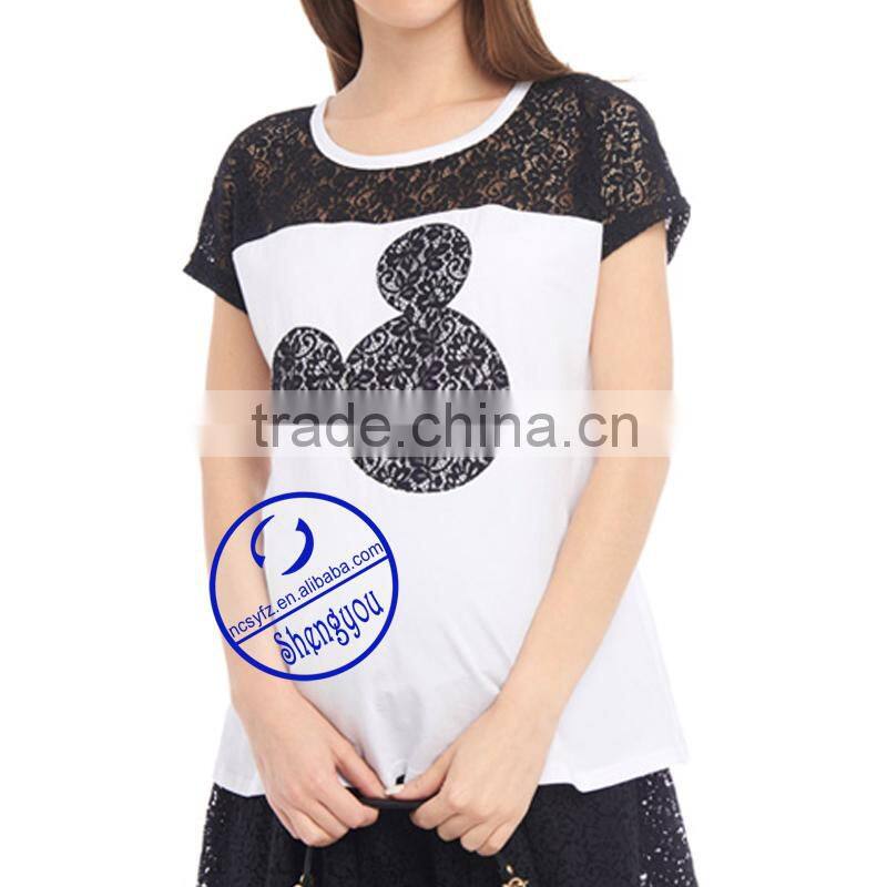 Custom 100% cotton jersey printed short sleeve maternity lace t shirt