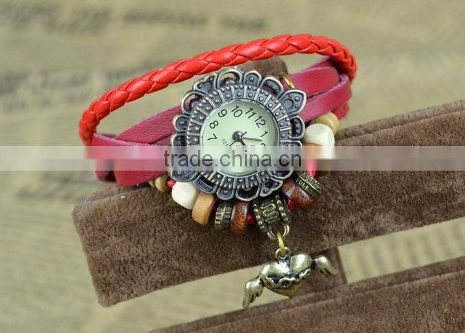 wholesale New style Retro metal Fashion Leather Bracelet Water Quartz Hand Clock Women Wrist Watch ,antique gold filled watch