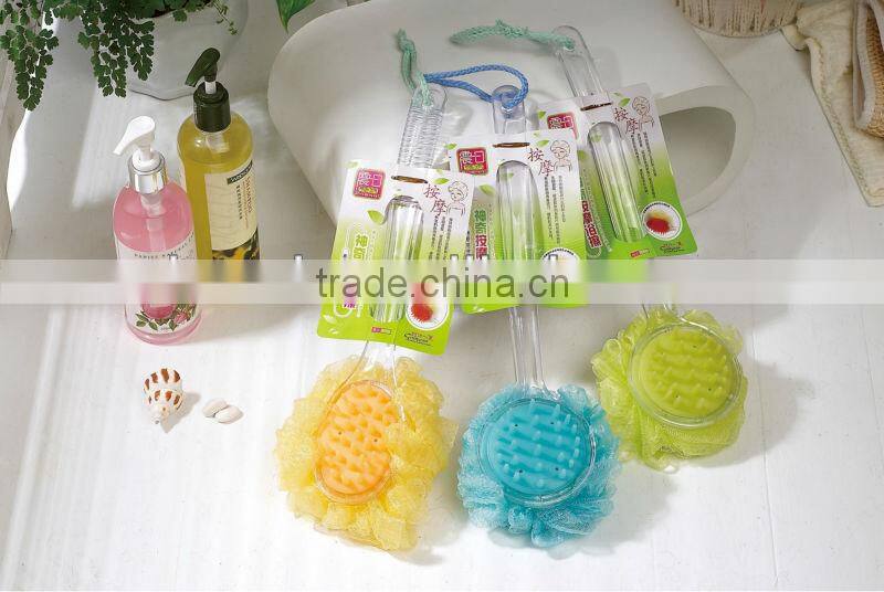 2013 Newest Promotional Multicolor Body rubbing Ball PE Mesh Bath sponge with handle,bath brush
