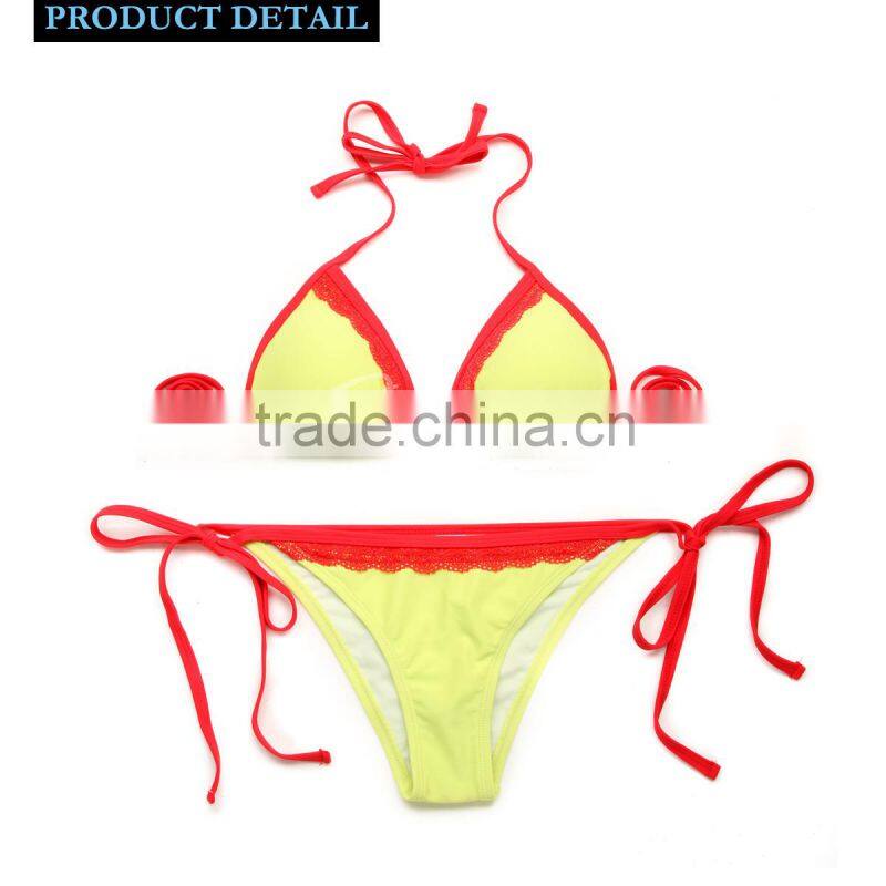 New Sexy Triangle Top 2016 Bikini Swimsuit Greenish Yellow + Red Lace with Classic Cut Bottom Colloyes