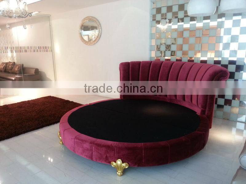 Hotel Bedroom Furniture Fabric Round Bed Glod Leaf Classic Solid Wood Legs DHR01