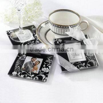 Square wedding favor photo frame heart design glass cup coaster
