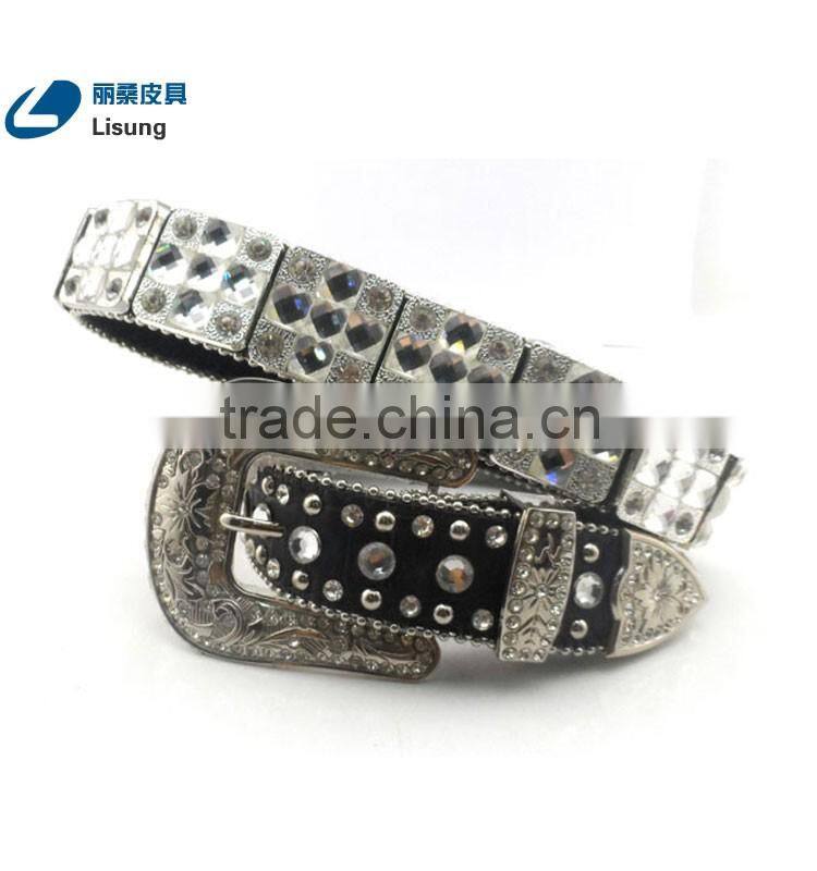 Western Cowhide Belt With Clearly Prism Cut Crystal Studded Rhineston Belt