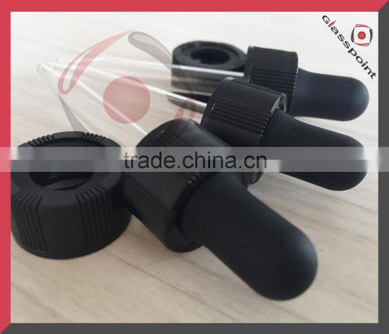 High quality glass dropper with plastic cap, glass pipette, black rubber bulb
