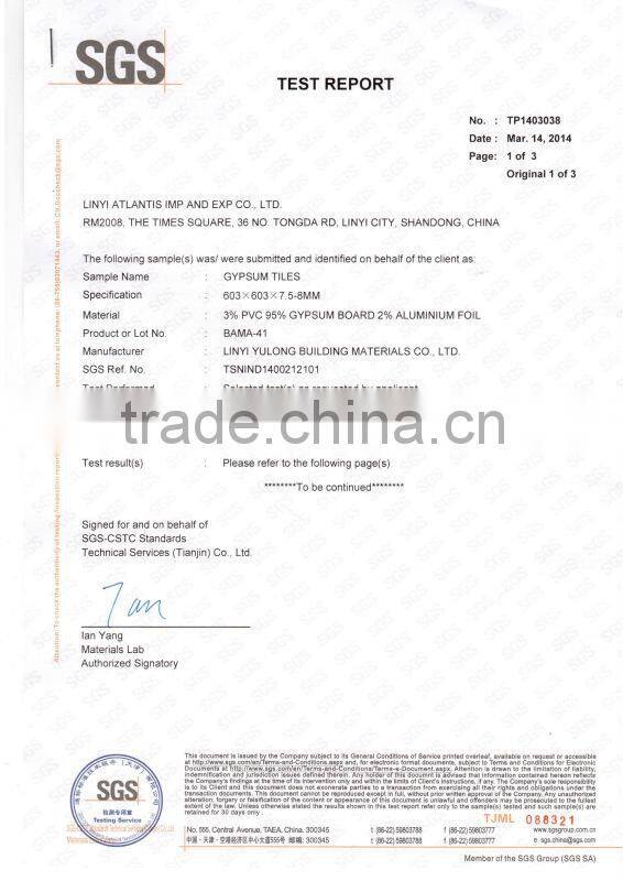 China vinyl faced gypsum ceiling tiles