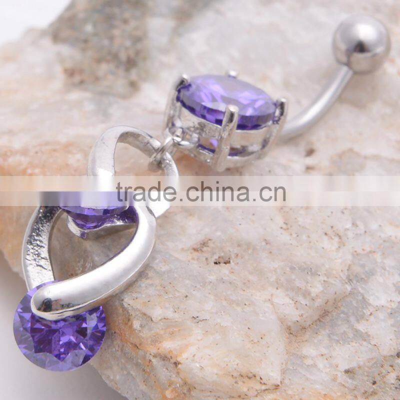 Big Zircon Inlay Dual Hearts lining Dangle Belly Button Naval Ring.