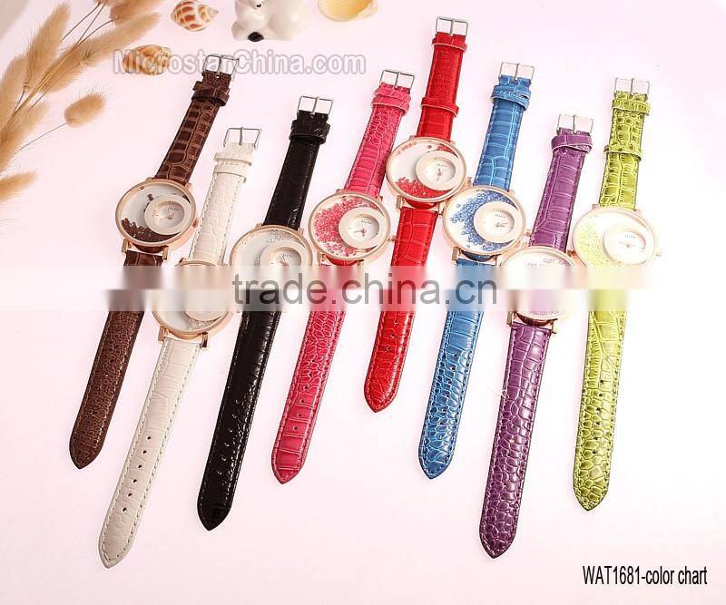 Elegant Women Quicksand Faux Leather Band Bracelet Round Dial Analog Wrist Watch
