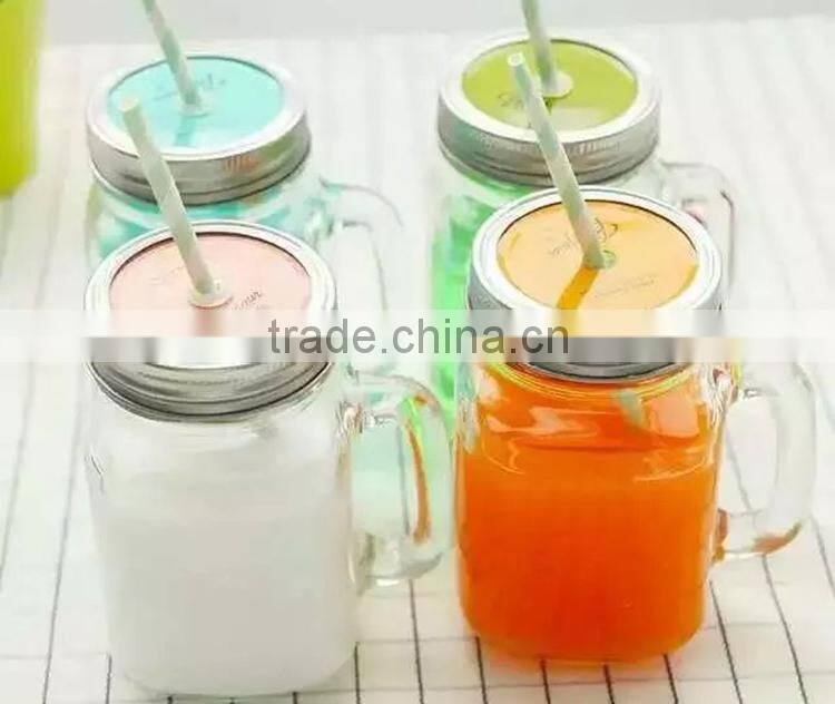glass mason jars with straw /mason jars with lid and handle/ storage glass jars