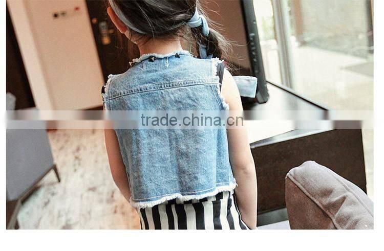Wholesale Stylish Stud Pure Color Joker Sleeveless Girl Jeans Coat, Denim Children Cardigan