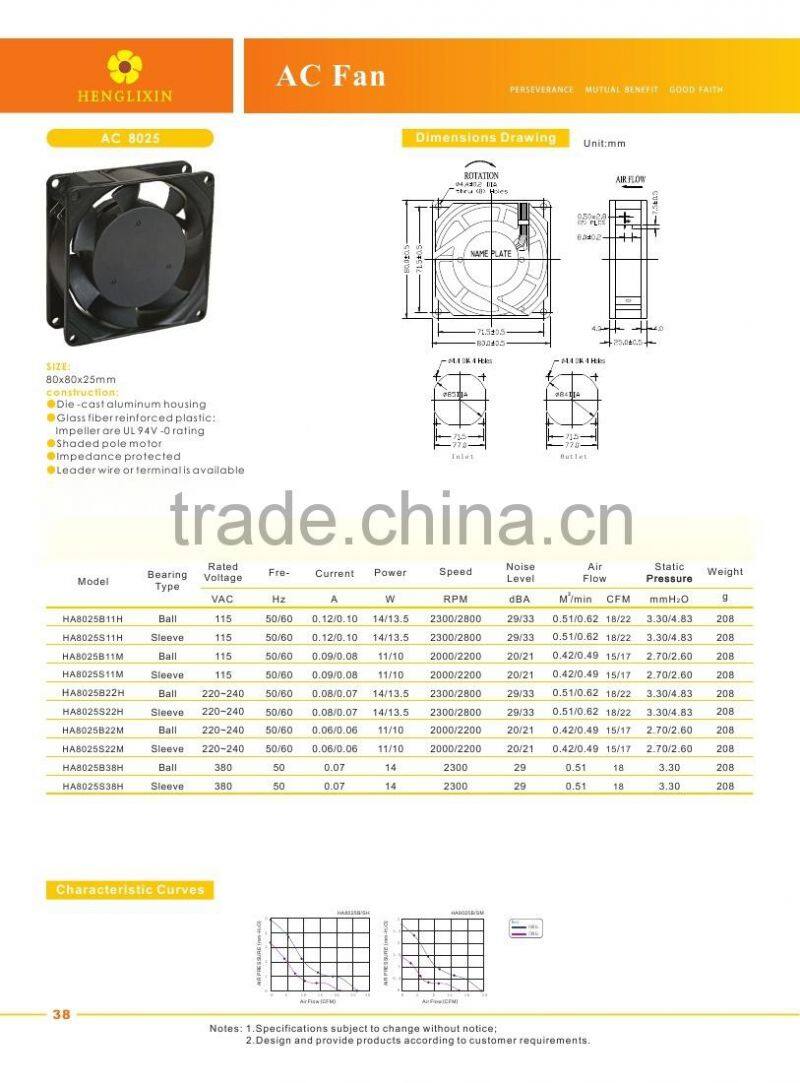 High quality AC cooling fan 80x80x25mm mini fan 220v