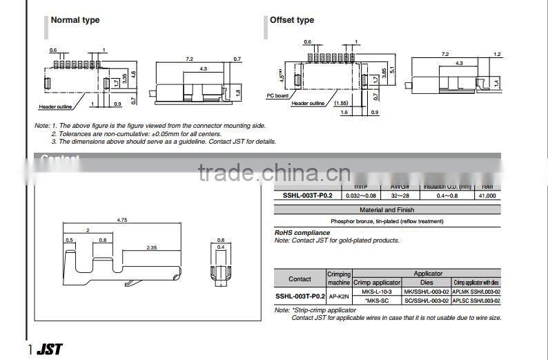 electronic component wire to board connector SHL series JST wiring connector SSHL-003T-P0.2 terminal connector