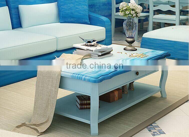 Mediterranean Style Coffee Table, Sailing Boat Handpainting Tea Table, Pastoral Solid Wood Living Room Coffee Table (BF01-X1157)