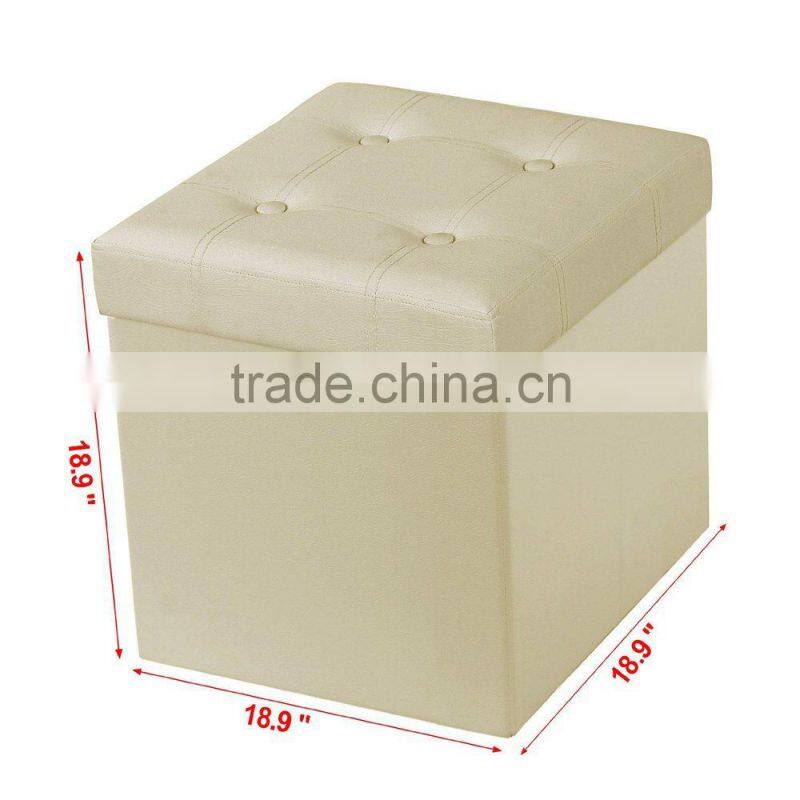 Cube Storage Ottoman Foldable Collapsible Faux Leather Footrest Stool Seat Coffee Table Beige
