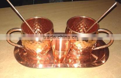 100% COPPERTISAN BARREL HAMMERED DRINKING MUG FOR MOSCOW MULE WITH COPPER PLATTER