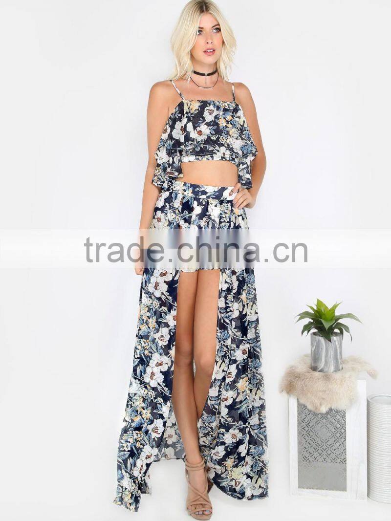 Summer fashion boho clothing latest floral print skirt blouse for ladies