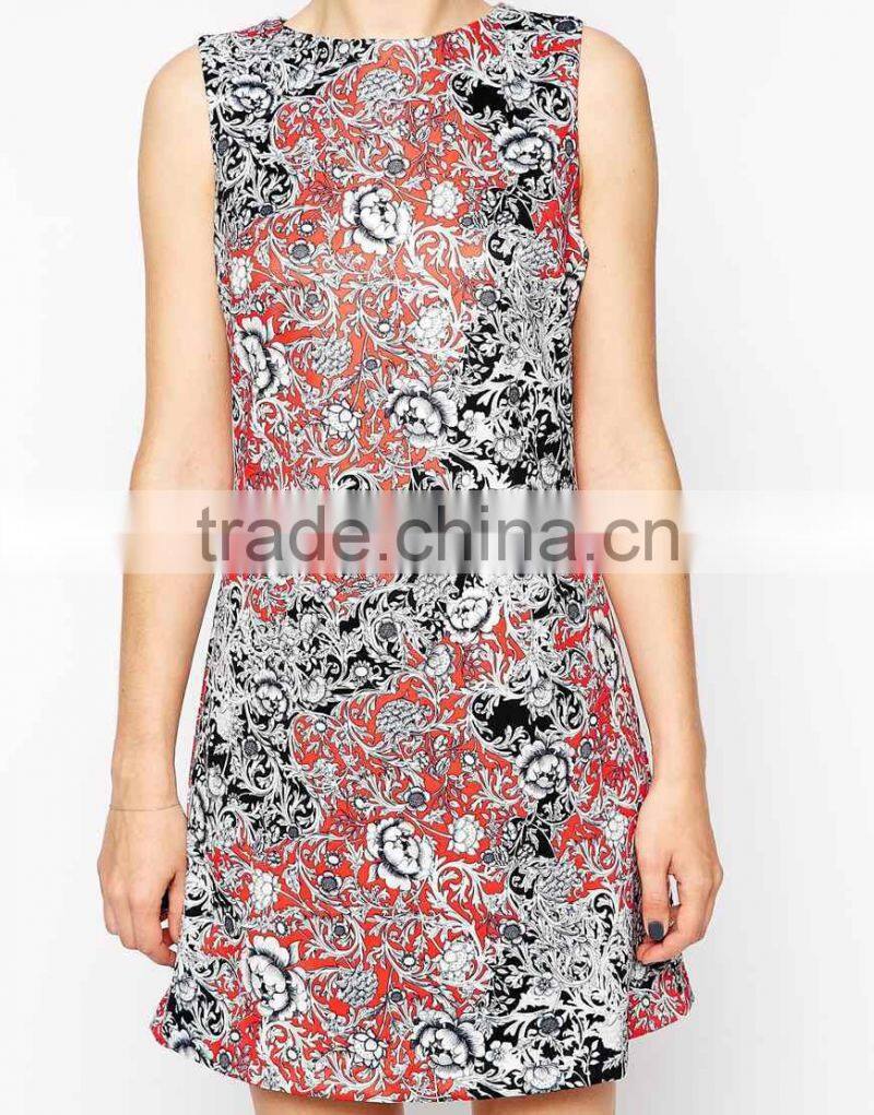 2016 Summer Floral Print Women Round Neck Sleeveless waist Midi Prom Dress