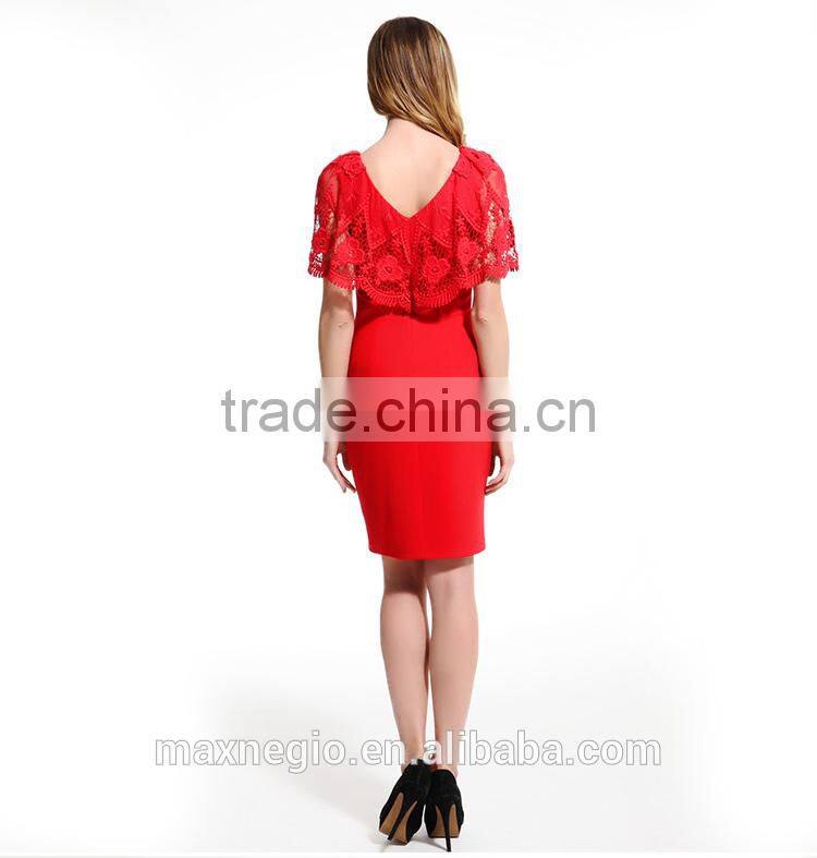 Knee-Length backless embroidery lace sleeve evening dress red short patterns