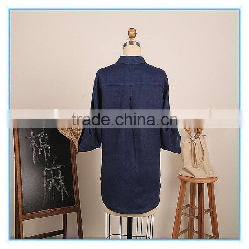 Fashion Women Vintage Linen Cotton Long Sleeve Demin Dress Shirt