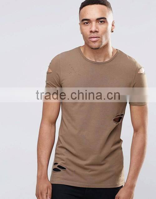 Men longline brown distressing blank slim fitted muscle t-shirt custom china manufacturers