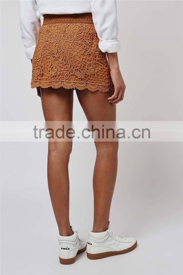 Wholesale OEM Services Crochet Mini Skirt For Ladies Lace Brown Mini Skirts With Wide Stretch Waistband