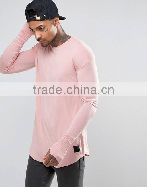 Men's Longline Long Sleeve T-Shirt Elongated Curved Hem T Shirt with Thumbhole Pink Plain Extra Long Tee