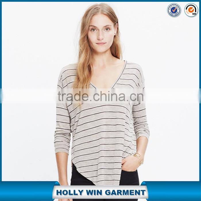 Women long sleeve t shirt v-neck tee in double stripe