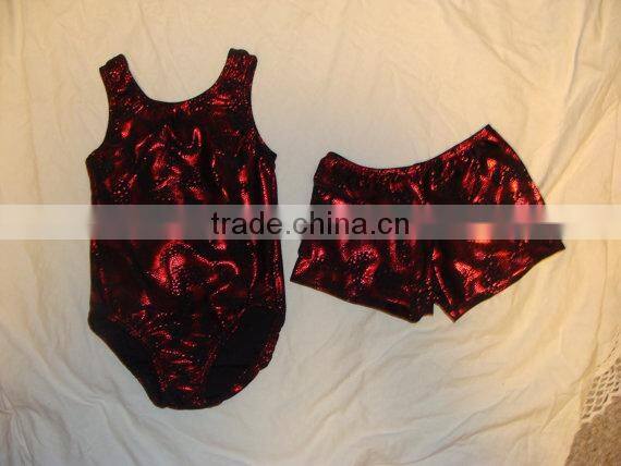 Clearance Gymnastics leotards dance and short set in limited sizes - Red holographic semi circles on black backround