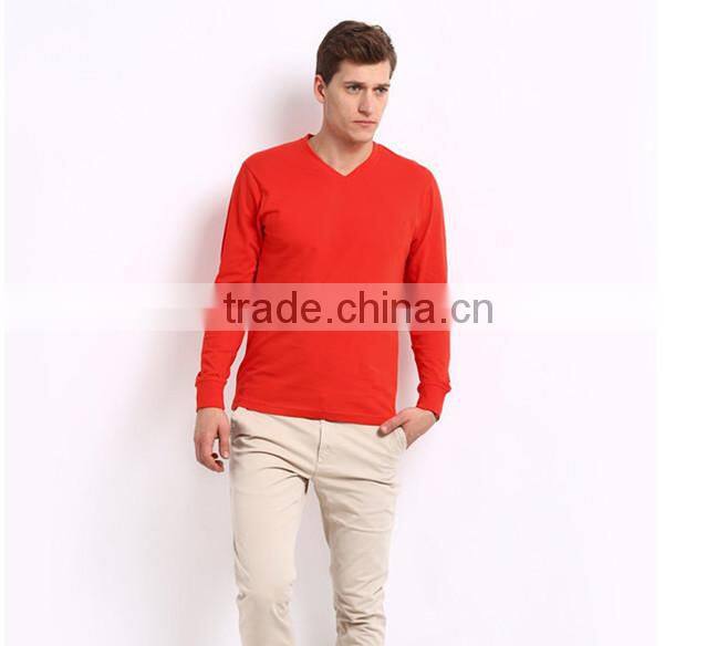 cotton plain long sleeve red t shirt with V neckline