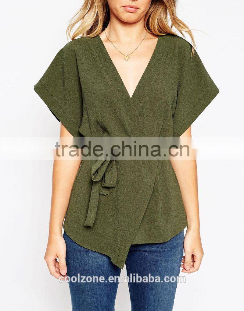Wholesale wide-cut cuffs wrap design lady blouse,fashion belted blouse 2016