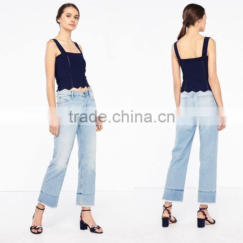 Stitched knit geometric motifs wavy hem wide straps design tank tops