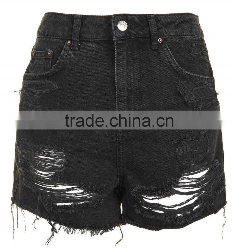 Women Fashionable Wearing Black Distressed High Waisted Denim Shorts