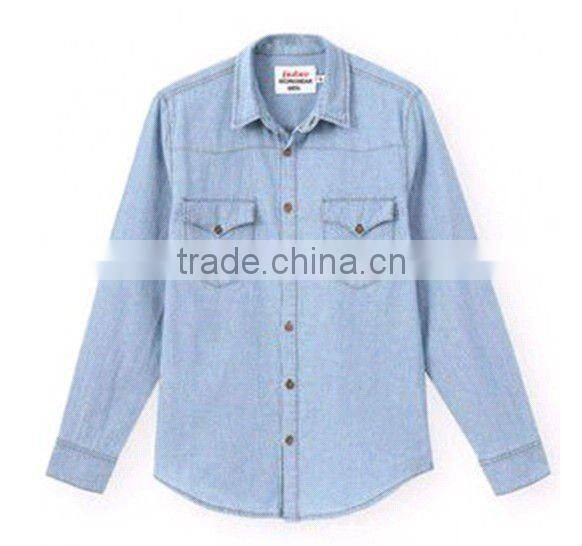 New popular 95% Cotton&5% Spandex Tailored fit light bule Denim/Retro Cowboy Shirt with two fashionable pockets