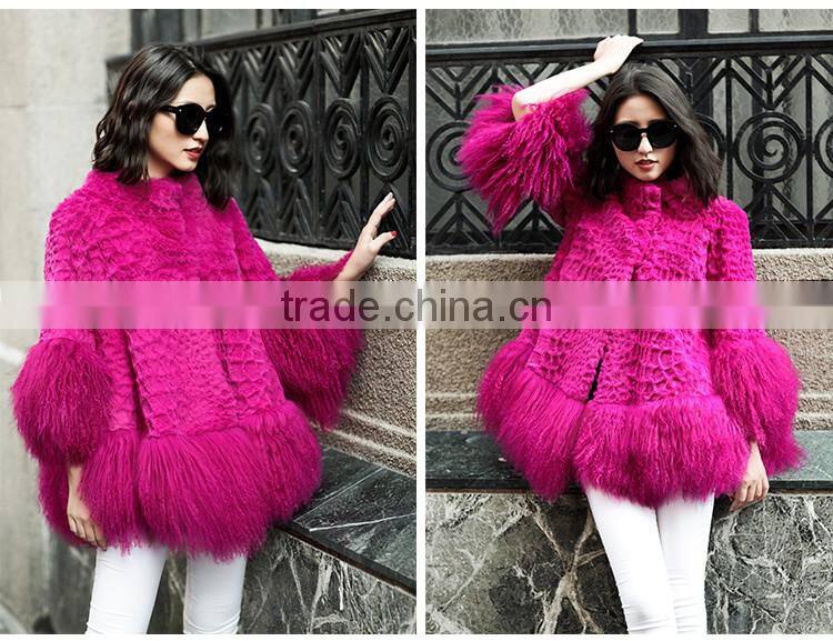 YR117 Mexico Style Fahion Fur Jacket Colored Genuine Mongolia and Rabbit Fur Coat