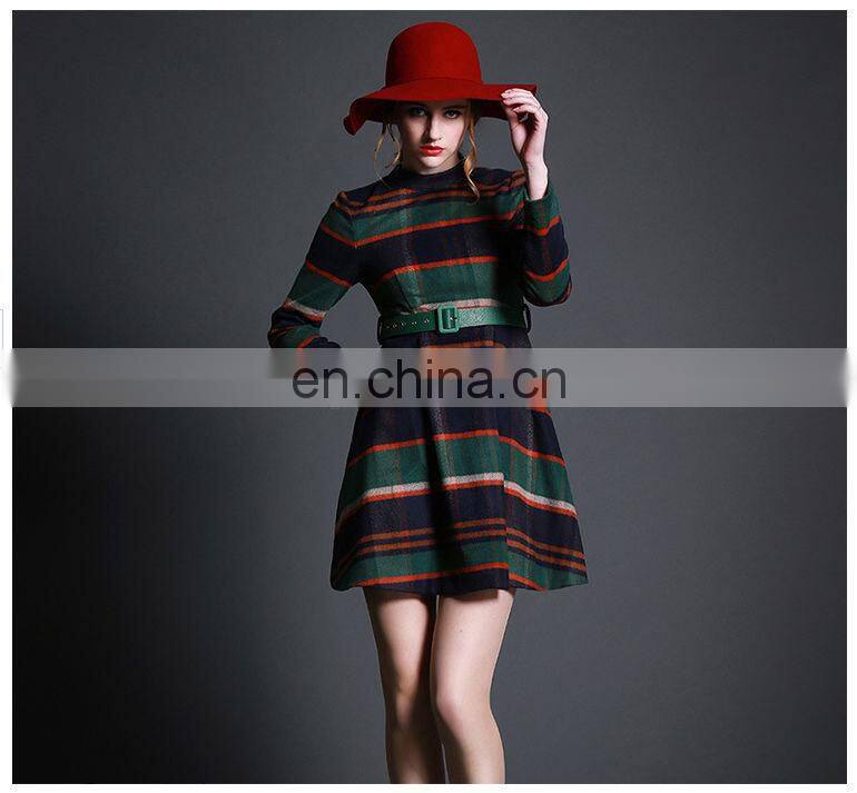 striped quality temperament checker skirt / A line long sleeve skirt