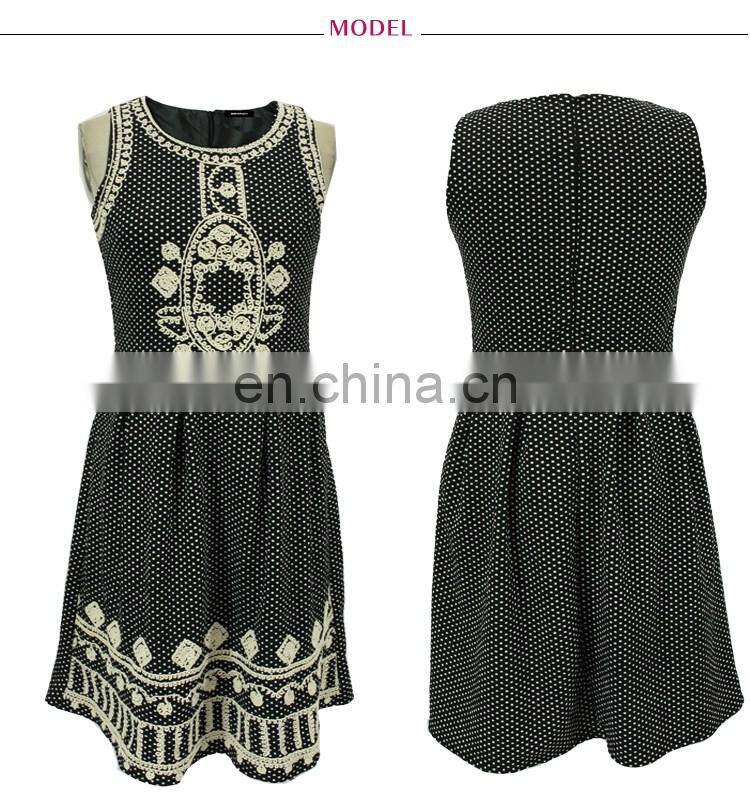 2017 Summer Casual Knitted Dress Border Embroidered Dot Printed Sleeveless Braces Dress for Women